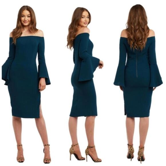 Bardot Solange‎ Dress Teal Off Shoulder Bell Sleeve size Small / US 6 - Picture 1 of 5